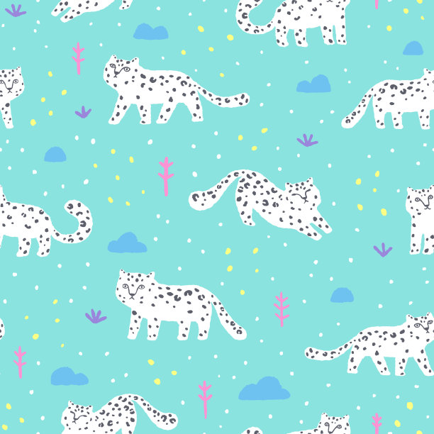 可爱有趣的雪豹无缝图案。图片下载