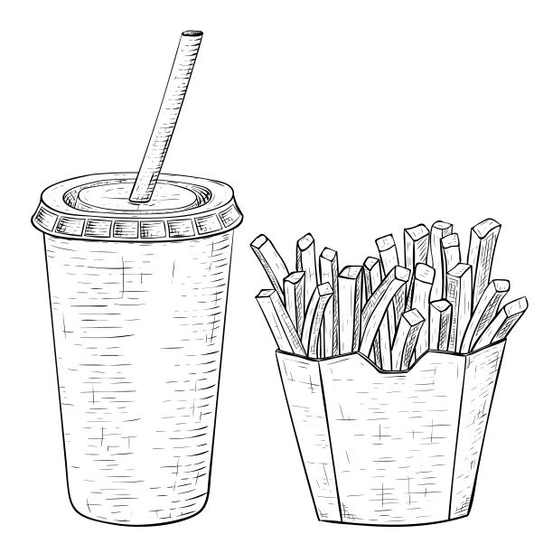 炸薯条和一次性杯子饮料。黑白手绘草图图片下载