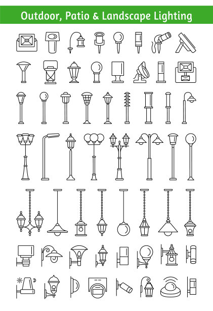 户外庭院与景观照明灯具线性图标图片下载