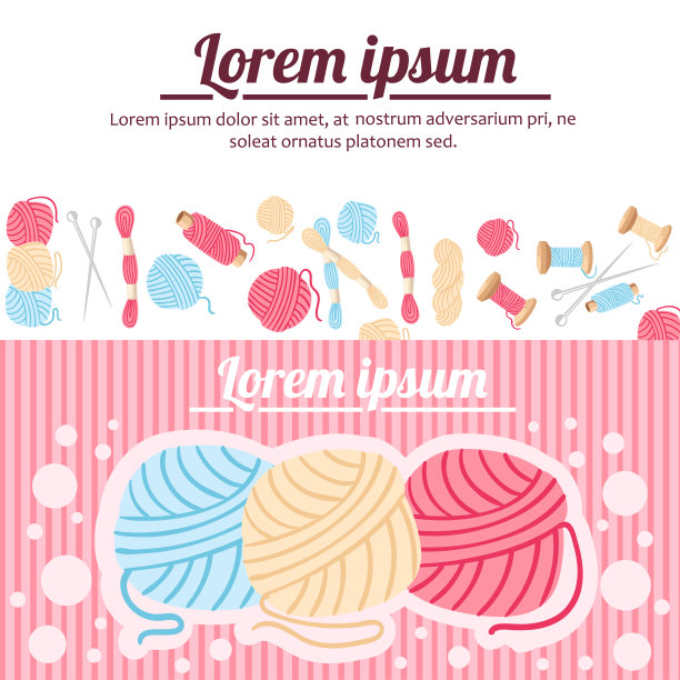 缝纫项目。毛线球，缝纫用的针和线。平面风格矢量插图上的白色和红色的背景。放置你的文本。网站页面和手机应用程序设计图片下载