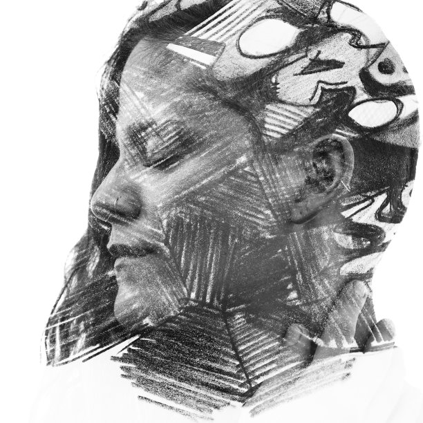 Paintography。双重曝光的炭笔画结合了一个女人的肖像，具有强烈的特征和表现力，黑白图片下载