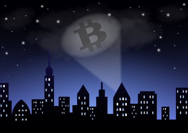探照灯的灯光显示了сryptocurrency比特币在夜晚的城市上空。图片下载