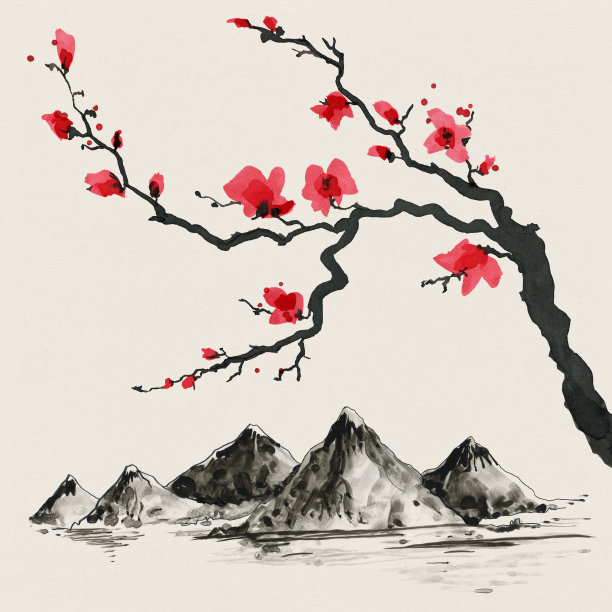 日式水彩手绘山脉插画素材图片