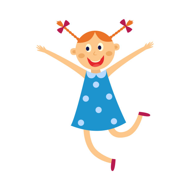 小女孩在白色的背景上，带着快乐的表情跳着舞。图片下载