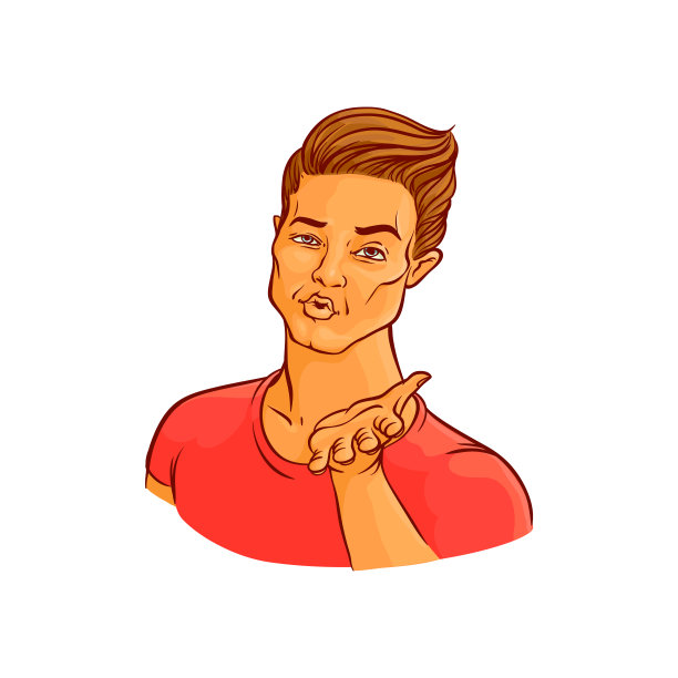 年轻男子送飞吻-手画英俊男子举起手心，显示亲吻的面部表情。图片下载