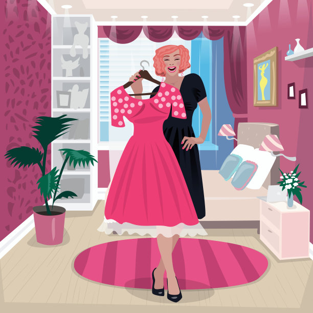 正在试穿粉红色连衣裙的女孩图片下载