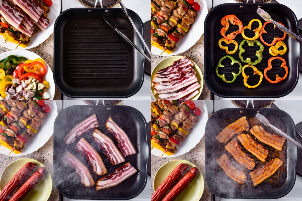 烤胡椒。准备烧烤的熏肉和生猪肉串。烤培根。木棒上的烤串，猪肉和蔬菜放在烤架上。套装照片的拼贴画。图片下载