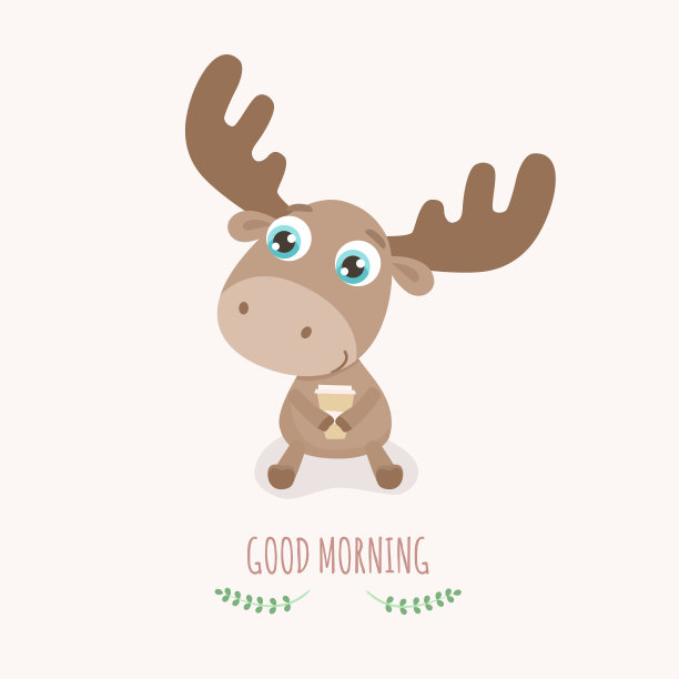 早上好，可爱的卡通麋鹿矢量插图。图片下载