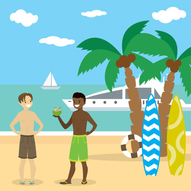 卡通的白人和非洲裔美国少年穿着泳衣图片下载