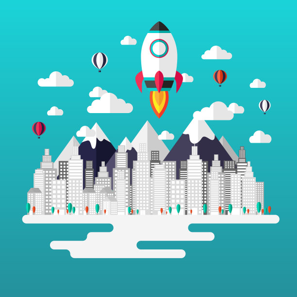 创业信息图表平面设计。火箭发射和城市背景。用于网站横幅、印刷、演示和新业务广告。矢量图图片下载