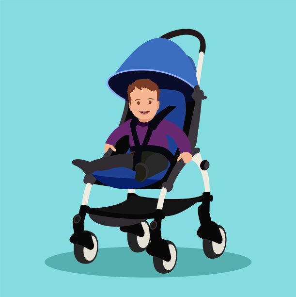蓝色背景下的婴儿车里的小男孩图片下载