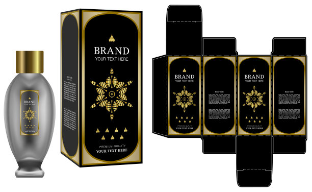 包装设计，化妆品容器上的标签与黑色和金色豪华盒模板和模型盒。说明向量。图片下载