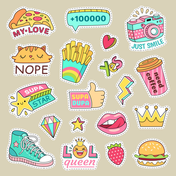 时髦的女孩徽章，可爱的条纹和卡通补丁。青少年徽章时尚运动鞋，食物和摄像机矢量孤立贴纸图片下载