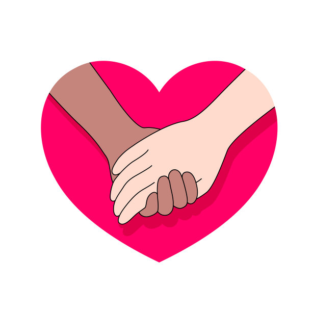 在红色爱心上牵手：扁平风格图标设计图片下载