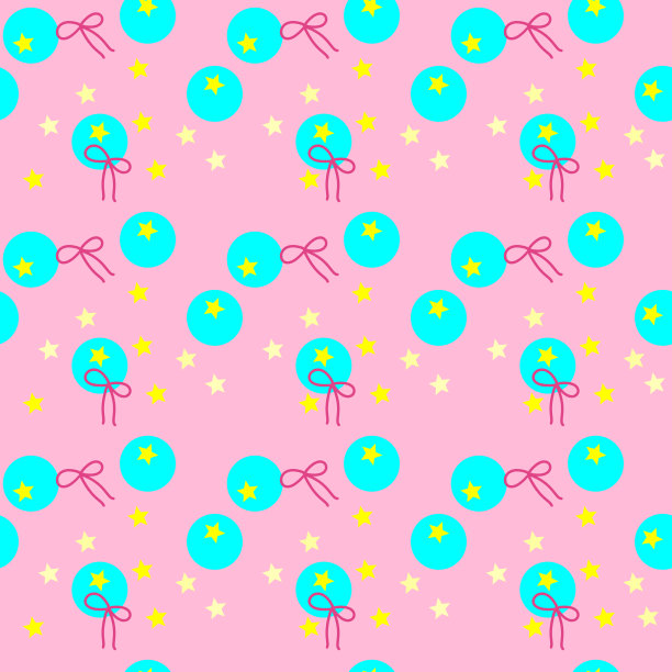 黄色的星星，浅蓝色的圆圈，粉红色的背景上的深粉色的丝带，五颜六色的无缝图案。矢量插图，EPS 10。图片下载