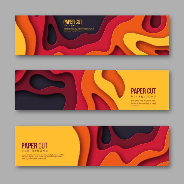 3d剪纸横横幅。形状与阴影的秋天颜色-黄色，橙色，紫红色和紫色。设计用于装饰，商业展示，海报，传单，印刷品，矢量。图片下载