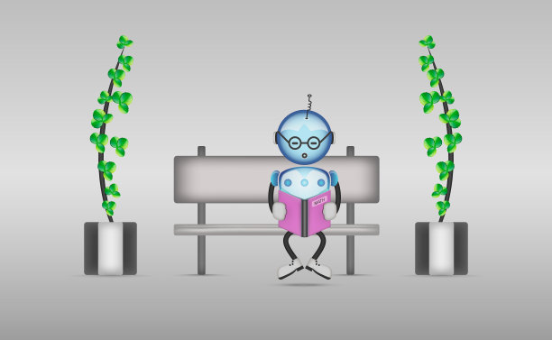 可爱的卡通机器人正坐在长凳上看书。图片下载