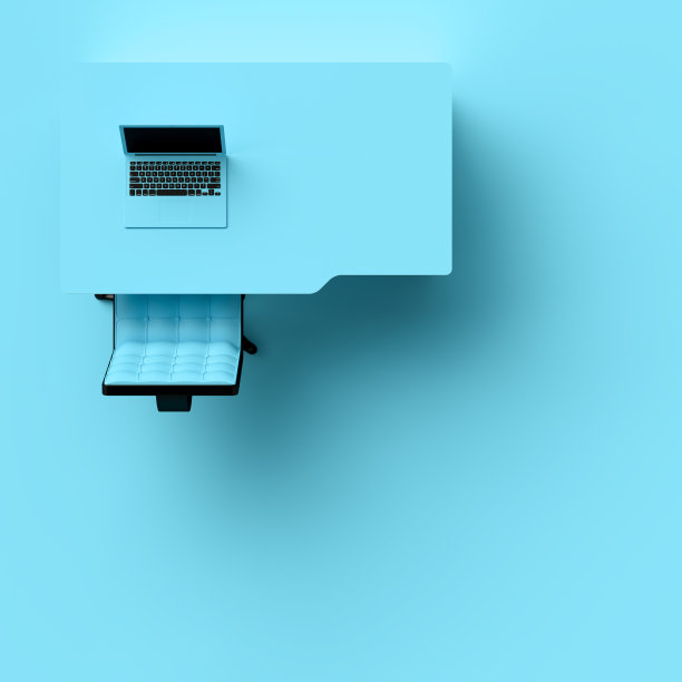 桌上和椅子上的笔记本电脑粉蓝色俯视图图片下载