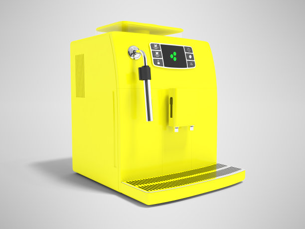 现代黄色咖啡机为两个杯子咖啡冲泡3d渲染在灰色的背景与阴影图片下载