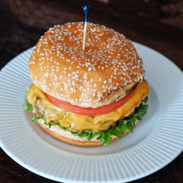 白盘子上的新鲜芝士汉堡图片下载