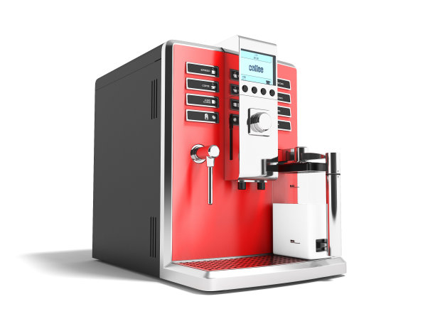 现代红色咖啡机为咖啡和卡布奇诺3d渲染在白色背景与阴影图片下载