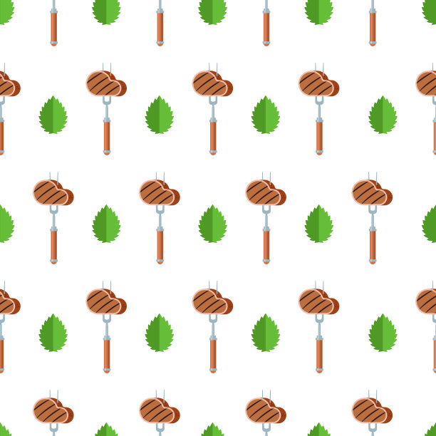 无缝模式上的白色背景。烧烤,烧烤,牛排。图片下载