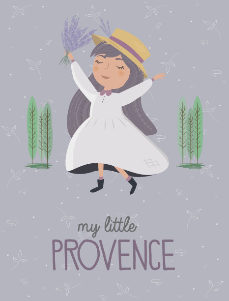 可爱的插图海报和女孩在花园里。普罗旺斯说明海报图片下载