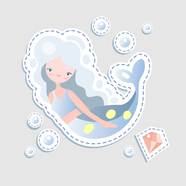 可爱的小美人鱼-矢量卡通插图。仙女美人鱼公主与水下元素-珊瑚和瓶子。贴纸可爱的美人鱼角色图片下载