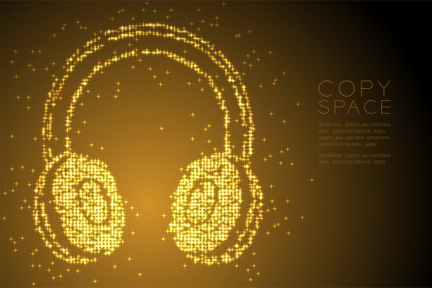 摘要闪亮的星星图案无线耳机形状，乐器概念设计金色插图孤立在棕色梯度背景与复制空间，矢量eps 10图片下载