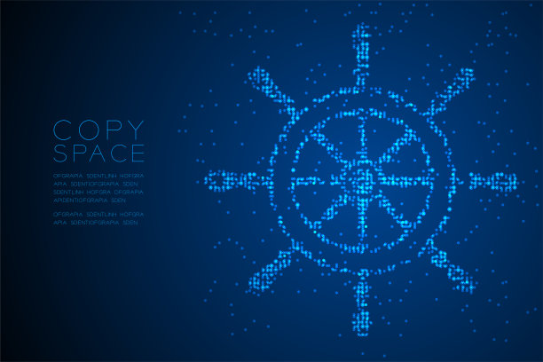 抽象几何圆点像素图案船舶方向盘形状，水生和海洋生物概念设计蓝色插图孤立在蓝色梯度背景与复制空间，矢量eps 10图片下载