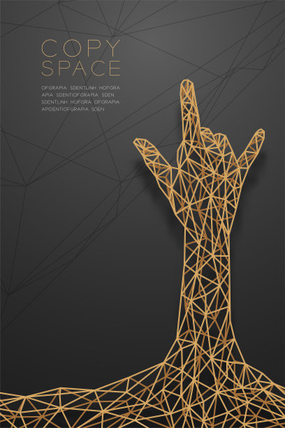 我爱你手手语形状后视图线框多边形金色框架结构，瓦伦丁概念设计插图孤立在黑色渐变背景与复制空间，矢量eps 10图片下载