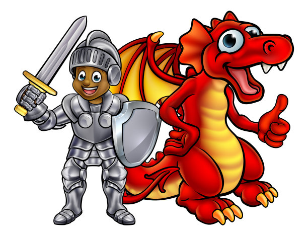 白色背景的卡通骑士和龙图片下载