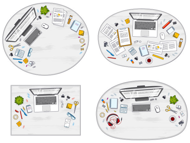 办公室办公桌工作空间顶视图与个人电脑和笔记本电脑和各种文具用品的工作，俯视的外观。所有元素都很容易单独使用或重新组合插图。向量集。图片下载