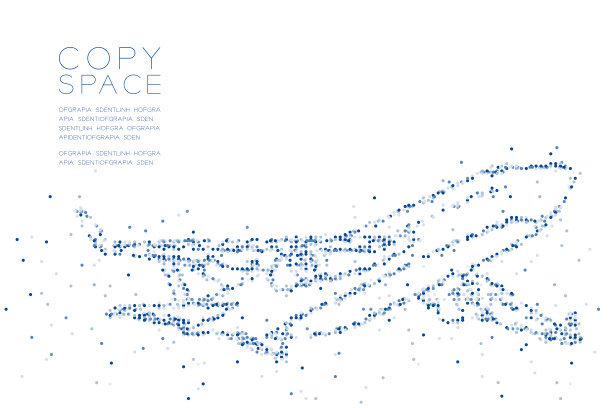 抽象几何圆点像素图案飞机形状，交通概念设计蓝色插图在白色背景与复制空间，矢量eps 10图片下载