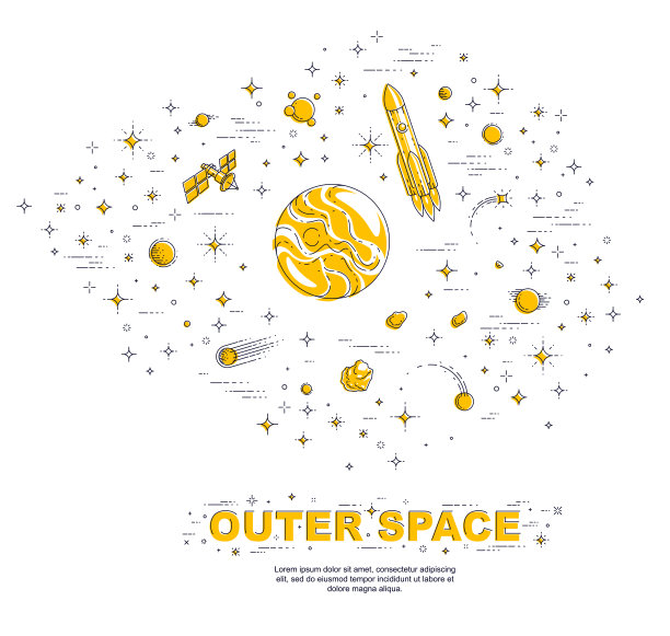 奇妙的星系，有未知的，奇怪的，未被发现的行星，恒星，火箭和其他元素。探索宇宙，惊险的科幻小说。单线3d矢量插图孤立。图片下载