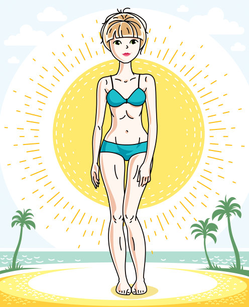 迷人的年轻金发女子摆姿势在热带海滩上与棕榈树和穿着蓝色比基尼。矢量漂亮的女士插图。一生中主题的剪纸艺术。图片下载