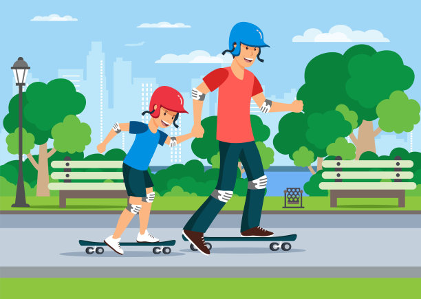 卡通父亲教儿子骑滑板图片下载