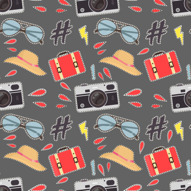 照片相机的潮人贴纸背景。矢量彩色无缝模式与可爱的复古相机。图片下载