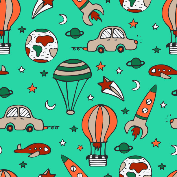 明亮的无缝图案设计与汽车，火箭和气球。图片下载