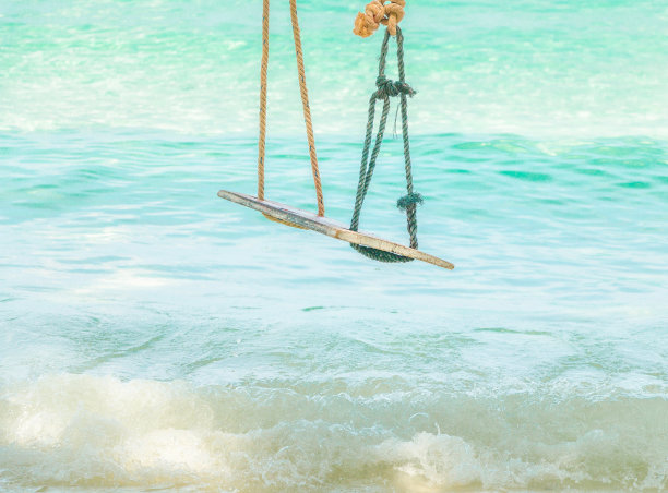 在碧绿的大海上，挂在树枝上的木制秋千图片下载