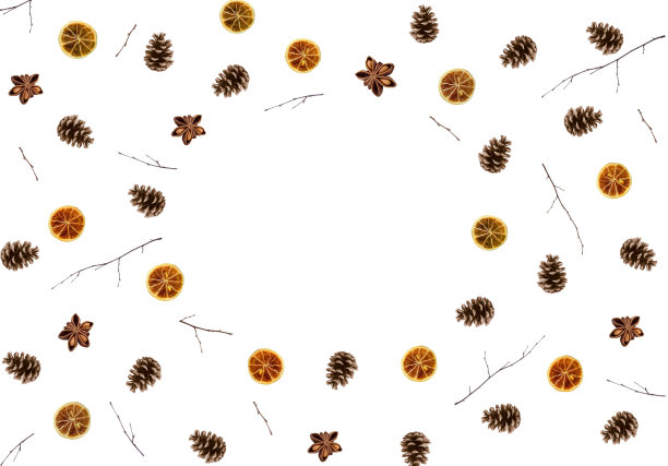 圣诞圆框松果，柠檬片，小枝八角星星与空白的文字在白色的背景。平的。图片下载