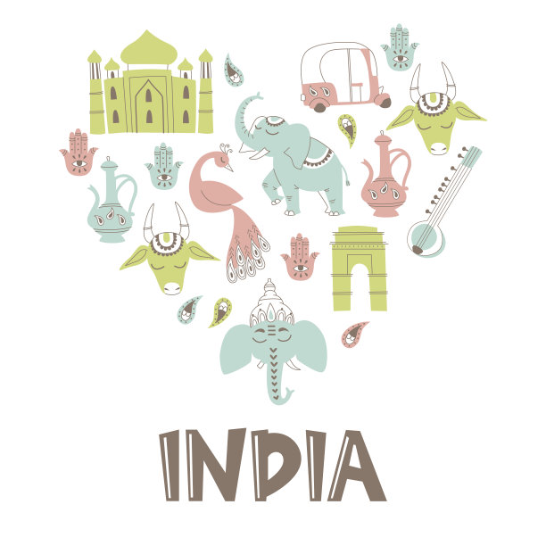 心形印度手绘元素和字母集合。图片下载