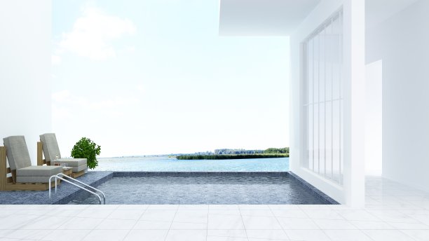 游泳池酒店放松空间室内- 3d渲染自然景观背景图片下载