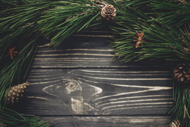 时尚圣诞乡村花环扁平风格素材，绿色冷杉树枝和松果茴香在乡村木质背景上的俯视图，文本空间，季节性问候，节日快乐图片下载