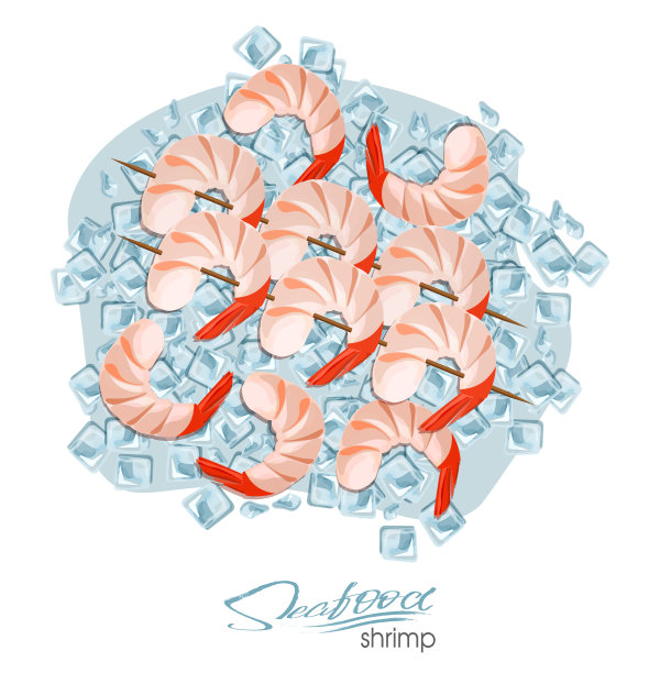 卡通风格的冰镇虾串，新鲜海鲜产品设计矢量插画图片下载