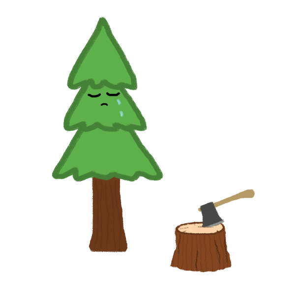 忧伤的松树用砍过的木头和斧头图片下载