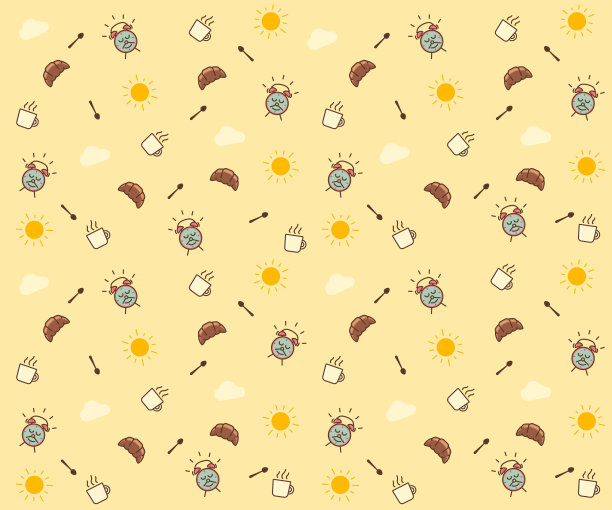 可爱的晨间无缝图案背景。矢量壁纸插图与云彩，太阳，早餐元素如马克杯和羊角面包，勺子，闹钟快乐的人物微笑。图片下载