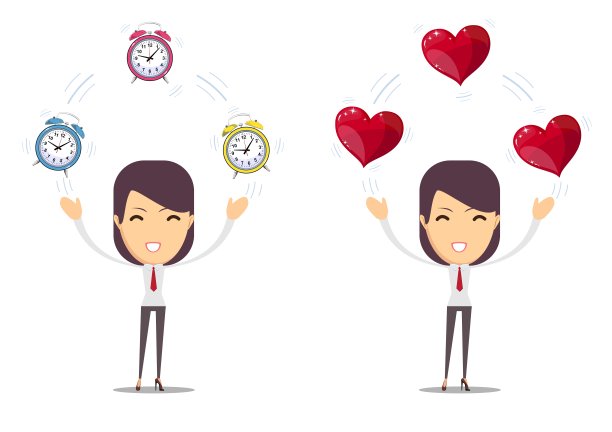 闹钟和一颗红心在女人手里。矢量图图片下载