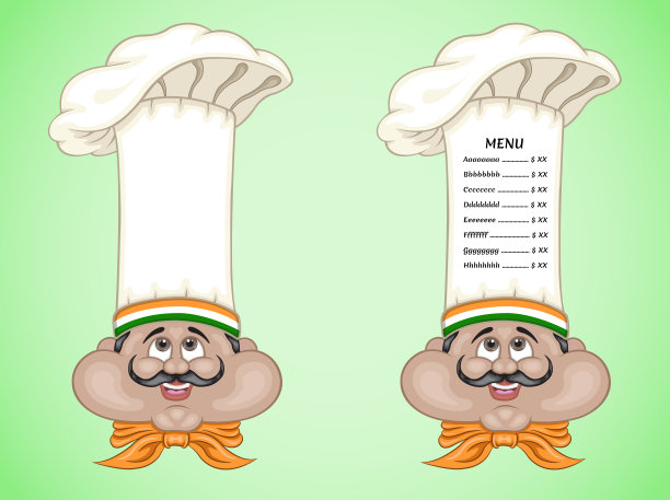印度厨师和菜单上的帽子与印度食物图片下载