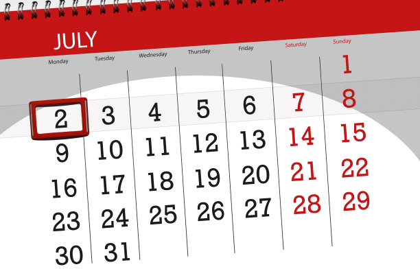 日历计划的月，截止日的一周，星期一，2018年7月2日图片下载